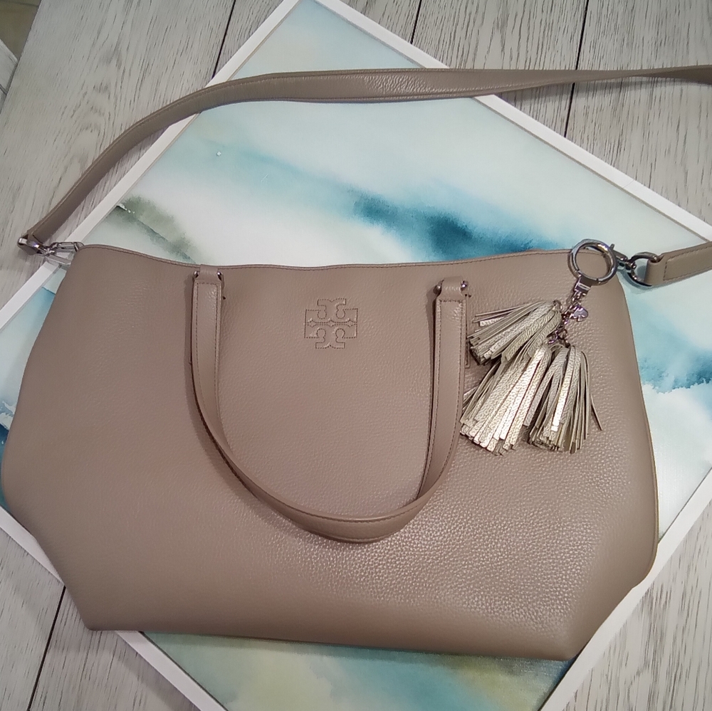Tory Burch handbag gray 12x16" large shoulder bag crossbody EUC